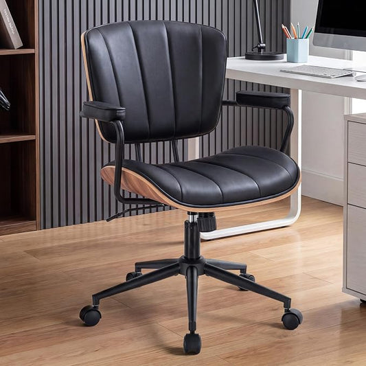 Mid Century Modern Office Chair, Fixed Back Rolling Desk Chair with Armrests and Walnut Back, Adjustable Height for Home Office, Black