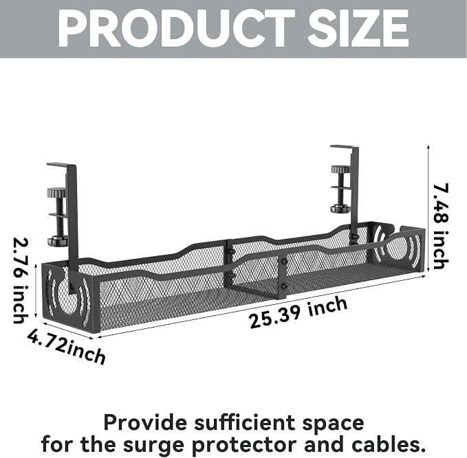 Cable Management, 25.3'' Under Desk Cable Management Tray No Drill, Metal Cable Organizer with Clamp for Wire Management, Cord Organizer for Home Office, Desk Accessories Organizer, Black