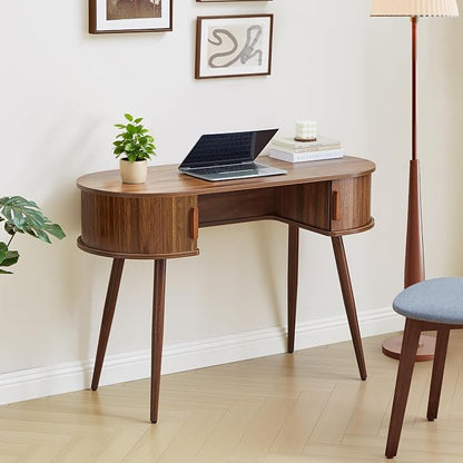Mid-Century 43" Small Wood Desk, Home Office Writing Desk with Storage, Unique Design Fluted Vanity Table Desk for Bedroom, Study Room