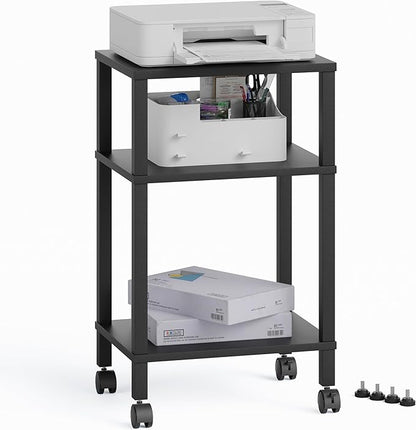 3-Tier Printer Stand with Storage, Mobile Printer Cart with Rolling Casters and Adjustable Feet, Under Desk Storage Shelf for Home Office, Small Printers,Black, 15.7" x 11.8" x 25.9"