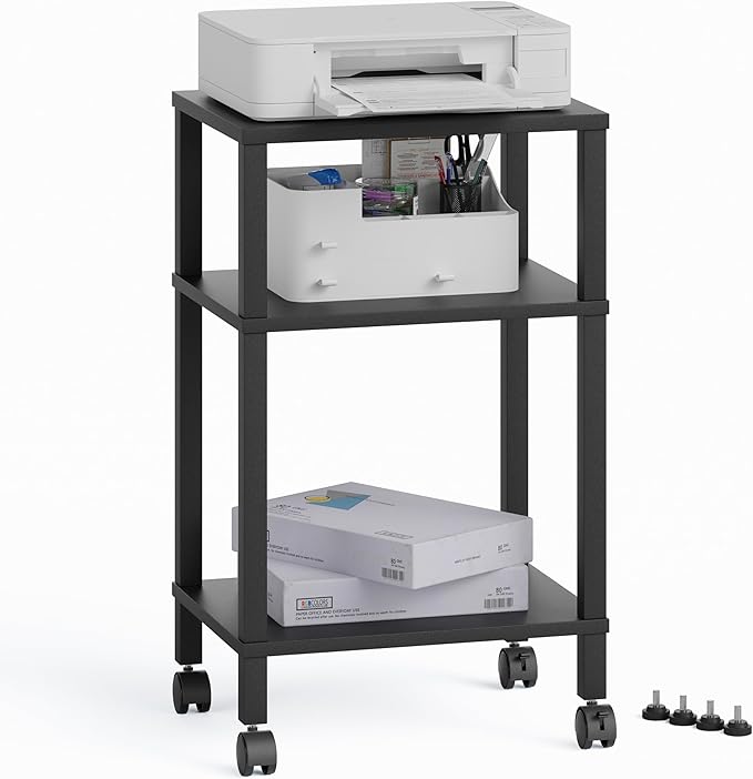 3-Tier Printer Stand with Storage, Mobile Printer Cart with Rolling Casters and Adjustable Feet, Under Desk Storage Shelf for Home Office, Small Printers,Black, 15.7" x 11.8" x 25.9"