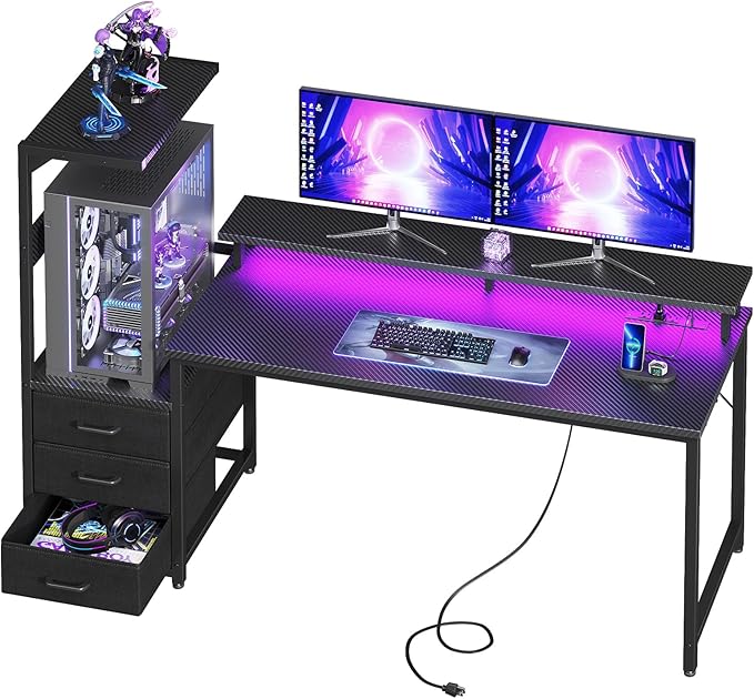 AODK 59 Inch Gaming Desk with LED Light- Reversible Computer Desk with Storage Shelves & Monitor Stand, Fabric Drawers Fits Compact PC Towers, Black