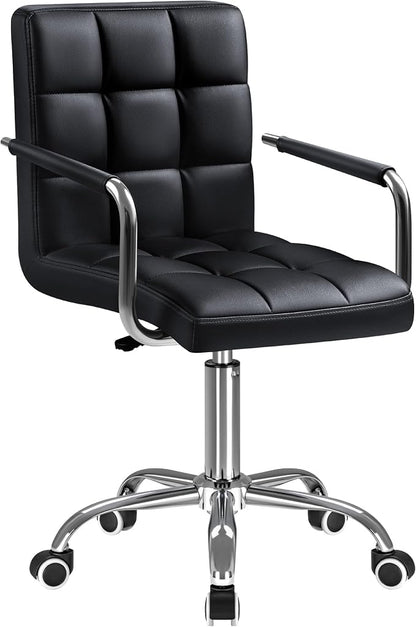 Furmax Vanity Office Chair with Wheels, Makeup PU Leather Executive Chair Modern Adjustable Home Desk Retro Comfortable Work Chair 360 Degree Swivel with Arms (Black)