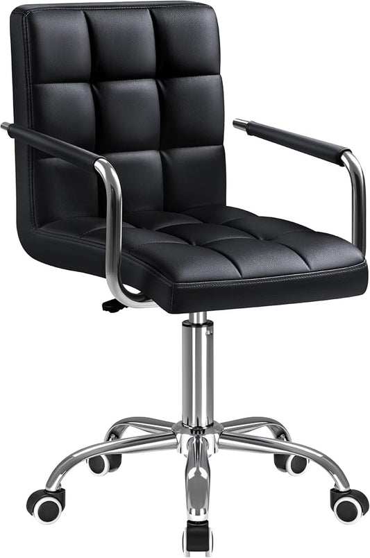 Furmax Vanity Office Chair with Wheels, Makeup PU Leather Executive Chair Modern Adjustable Home Desk Retro Comfortable Work Chair 360 Degree Swivel with Arms (Black)