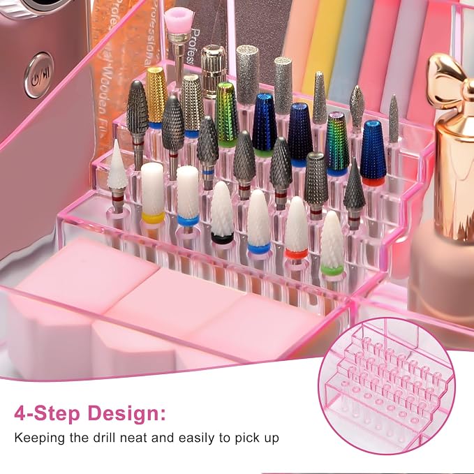 ANRUI Nail Drill Holder, 28 Holes Acrylic Nail Drill Bit Holder, Professional Nail Drill Desk Organizer Case and Storage Box for Manicure Tools - Pink (Not included Tools)