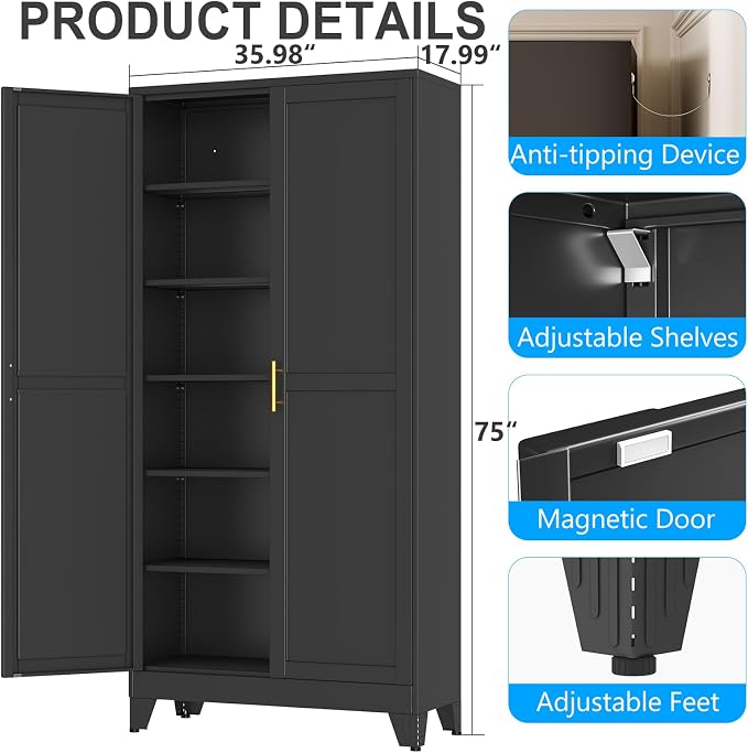pozdeg 75" Tall Metal Storage Cabinet with 2 Doors & 5 Adjustable Shelves, Widen Steel File Cabinet Multipurpose Organizer for Home Office Garage (Black)