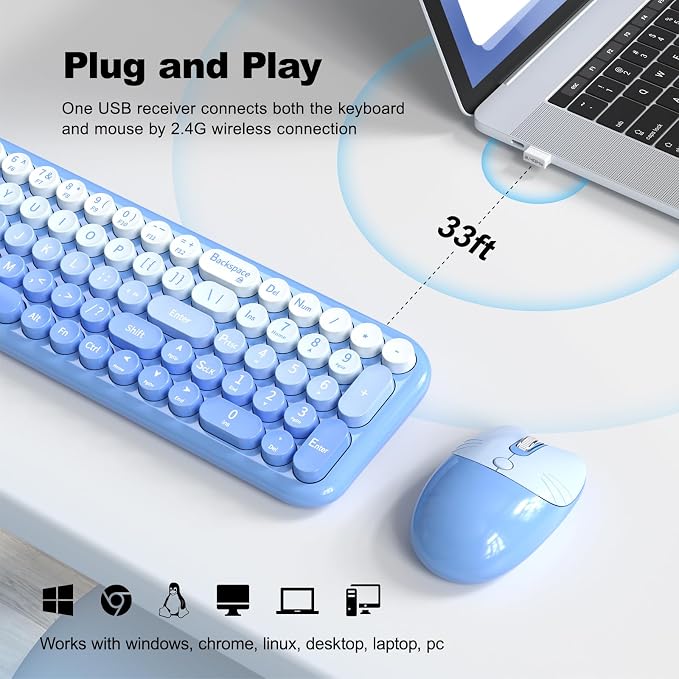 Wireless Keyboard and Mouse Combo, MOWUX Compact Typewriter Retro Round Computer Keyboard, Cute Optical Mouse Wireless, Plug and Play, for Laptop, PC, Computer- Blue Gradient
