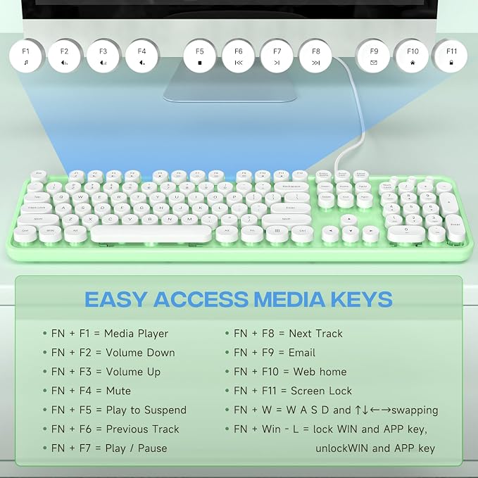MOWUX Computer Keyboard Wired, Plug and Play USB Retro Round Typewriter Keyboard, Full Size Wired Keyboard with Foldable Stands for Laptop and Office PC- Green