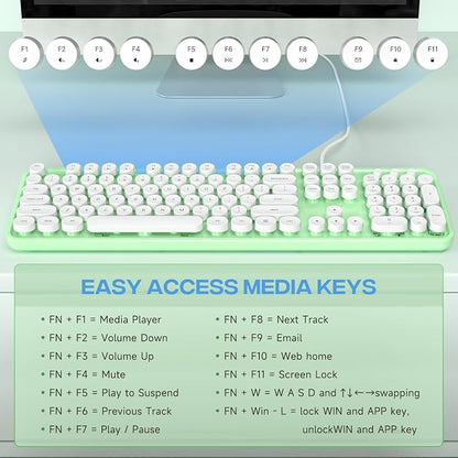MOWUX Computer Keyboard Wired, Plug and Play USB Retro Round Typewriter Keyboard, Full Size Wired Keyboard with Foldable Stands for Laptop and Office PC- Green
