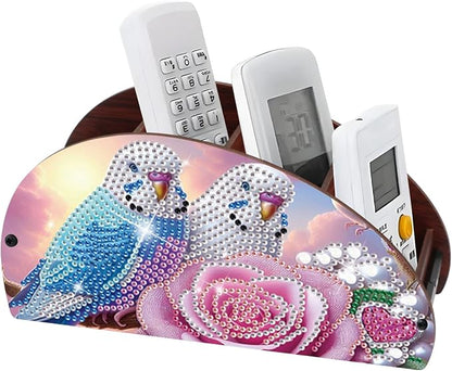 DIY Diamond Painting Tabletop Holder Lovebirds and Rose Design Handmade 5D Diamond Art Storage Box for TV AC Remotes Makeup Brushes Office Desktop Craft Valentine's Day Gift
