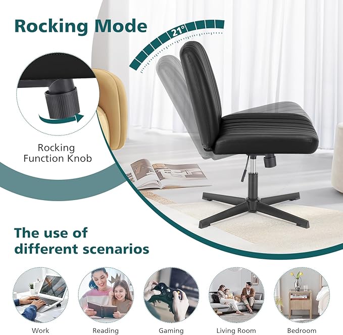 OLIXIS Criss Cross Legged Chairs No Wheels, Wide Seat Height Adjustable Swivel Chair,Padded PU Leather Armless Desk Chair for Home Office Bedroom, Student, Study Room,Black-Pu