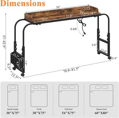 Winkalon Overbed Table with Wheels and Height Adjustable, Queen/Full Size Bed Table with Outlets & USB Ports, Mobile Laptop Cart Computer Desk with LED Light for Home Office (Rustic Brown)