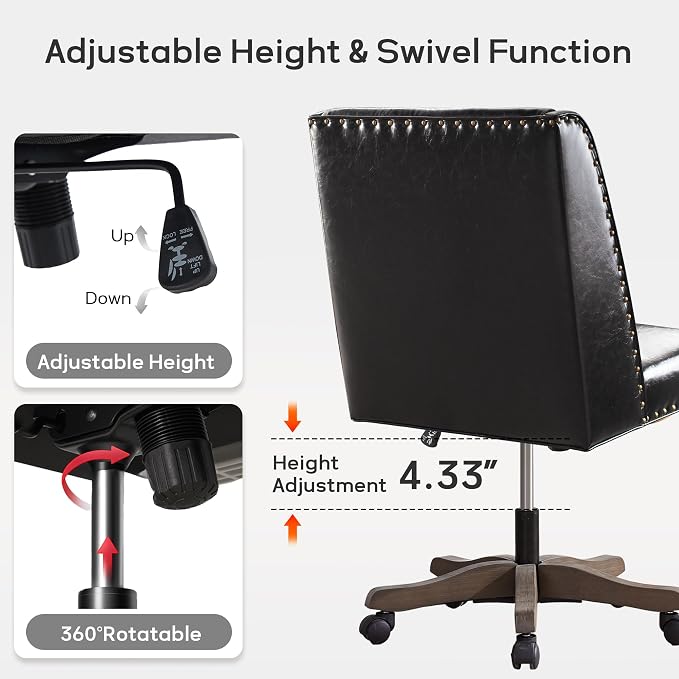 Zihanhome Armless Home Office Chair with Wooden Legs, Modern Leather Upholstered Office Desk Chair No Arms Sewing Chair Adjustable Swivel Desk Chair for Farmhouse Office Study Studio (Black)