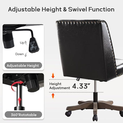 Zihanhome Armless Home Office Chair with Wooden Legs, Modern Leather Upholstered Office Desk Chair No Arms Sewing Chair Adjustable Swivel Desk Chair for Farmhouse Office Study Studio (Black)