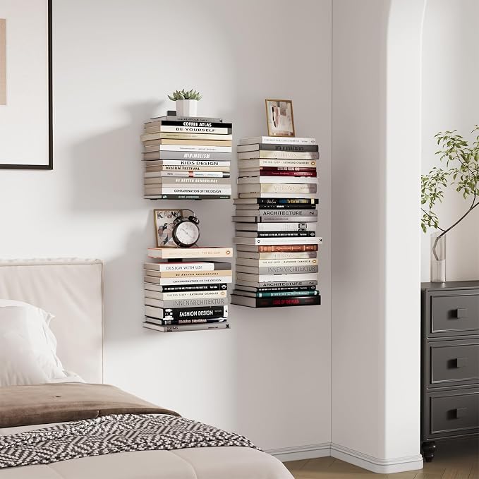 Wawocs Invisible Bookshelves for Wall, 6 Tier Floating Bookshelf Made of Heavy Duty Metal, Vertical Spine Book Tower Hanging Wall Bookshelf, Floating Book Shelves for Wall, 3 Pack Black