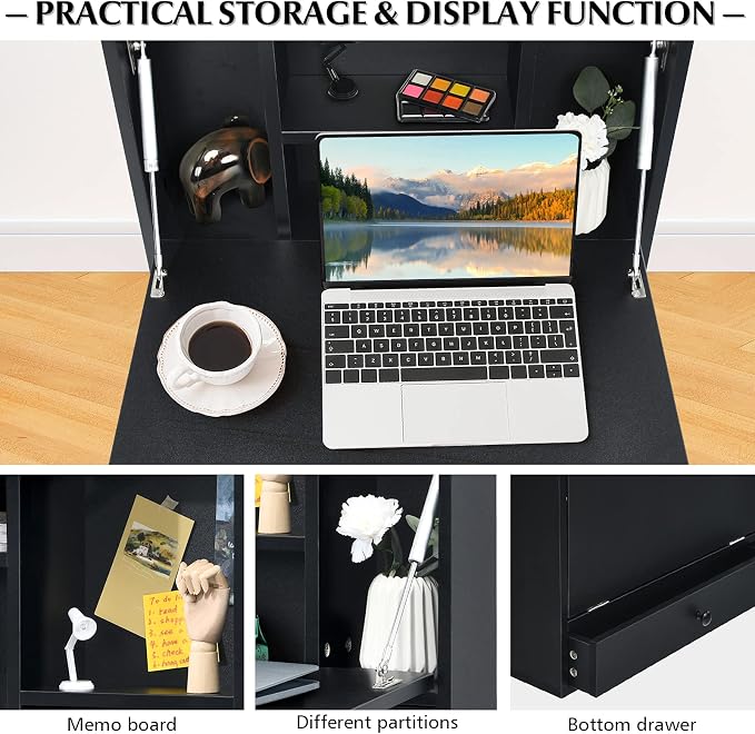 COSTWAY Wall-Mounted Computer Desk, Floating Desk with Storage Drawer & Shelves, Fold-up Desktop & Pneumatic Springs, Ideal for Home, Office, Dormitory, Small Spaces (Black)