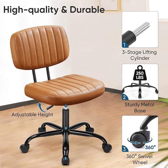 DUMOS Small Office Desk Chair - Armless PU Leather with Comfy Lumbar Support, Height Adjustable Rolling Swivel Task for No Arms, for Adult, Student, Bedroom, Home, Vanity, Brown