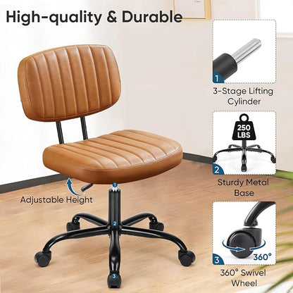 DUMOS Small Office Desk Chair - Armless PU Leather with Comfy Lumbar Support, Height Adjustable Rolling Swivel Task for No Arms, for Adult, Student, Bedroom, Home, Vanity, Brown