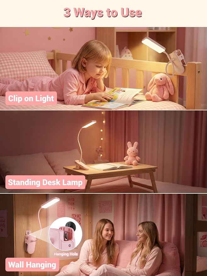 Pink Desk Lamp for Girls Bedroom,9 Brightness+5 Color Clip on Light,4000mAh Battery Rechargeable Desk Lamp Cute Lamp for Kids Room,Cordless Clip on Reading Light for Bed/Headboard/Bedside Table/Dorm