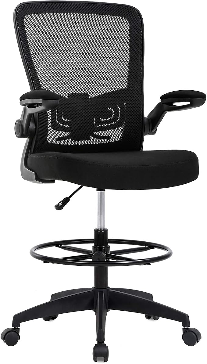 BestOffice Drafting Chair Tall Office Chair Adjustable Height with Lumbar Support Flip Up Arms Footrest Mid Back Task Mesh Desk Chair Computer Chair Drafting Stool for Standing Desk, Black