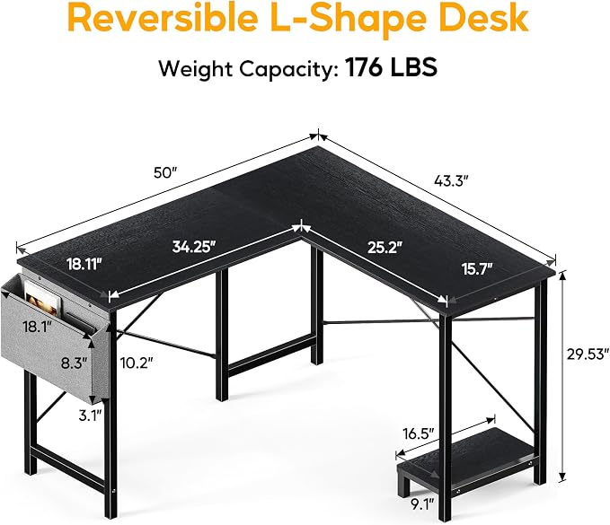 L Shaped Desk Gaming Computer 50 Inch Corner Desks Work Table for Writing Study Student with Wood Tabletop Metal Frame CPU Stand Side Bag for Home Office Small Place, Black