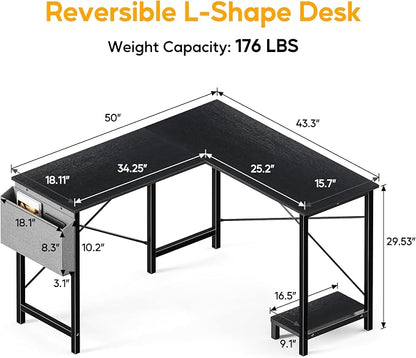 L Shaped Desk Gaming Computer 50 Inch Corner Desks Work Table for Writing Study Student with Wood Tabletop Metal Frame CPU Stand Side Bag for Home Office Small Place, Black