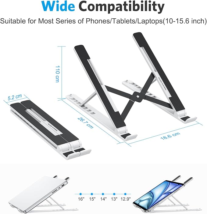 OMOTON Laptop Stand, Laptop Stand for Desk Ergonomic 7-Levels Angles Adjustable Computer Stand, Portable ABS Laptop Riser Holder Compatible with All Laptops and iPad（10-15.6", White