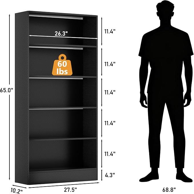 CODACE Tall Wooden Black Bookshelf - Book Shelf with LED Lights, Lighted Display Shelf with 5-Tier Shelves, Large Display Bookshelves for Collectibles, Modern Bookcase for Living Room, Bedroom, Office