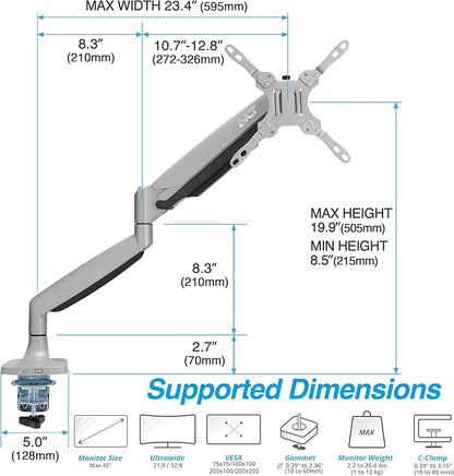 AVLT Single Monitor Arm Desk Mount for 17-45" Screens, Heavy Duty - Gray | Supports flat, curved or ultrawide screens up to 26.4 lbs. Mechanical spring, 4 VESA patterns and tool-free cable management.
