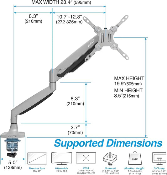 AVLT Single Monitor Arm Desk Mount for 17-45" Screens, Heavy Duty - Gray | Supports flat, curved or ultrawide screens up to 26.4 lbs. Mechanical spring, 4 VESA patterns and tool-free cable management.