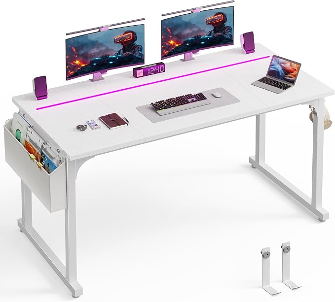 DurayLoly 55 Inch White Computer Desk with LED Lights, Office Desk with Storage Bag for Home Office, Gaming Desk with Headphone Hook for Study Writing Work Desk,Sturdy Metal Frame