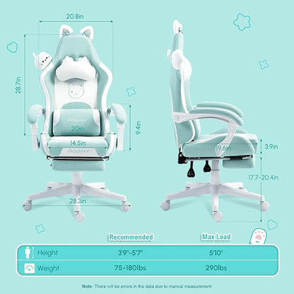 Dowinx Gaming Chair with Cat Ears and Massage Lumbar Support, Ergonomic Computer Chair with Footrest and Headrest, Comfortable Reclining Game Chair 290lbs for Adults, Blue