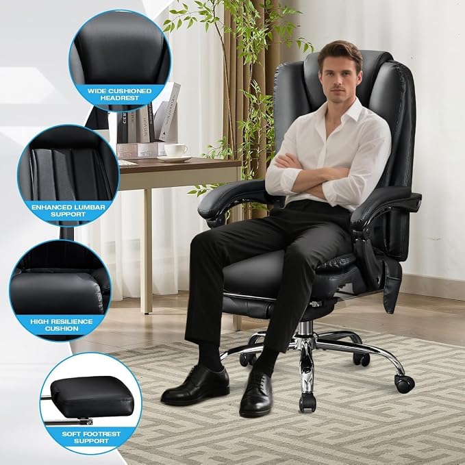 BOSMILLER 500lbs Big and Tall Office Chair, 6-Points Massage Office Chair, Executive Heated Desk Chair with Adjustable Footrest, Reclining High Back for Home Office