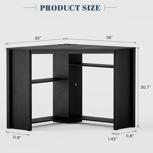 Corner Desk with Charging Station & LED Light, Triangle Corner Desk with CPU Stand & Storage Shelves, Gaming Computer Desk for Home Office -Black