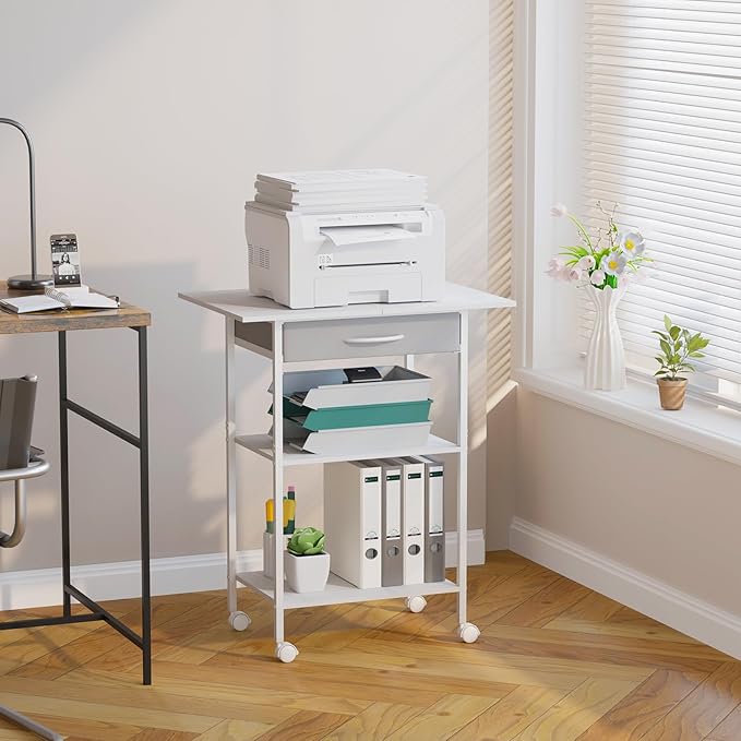 Arbuxzuy 3-Tier Printer Stand, Printer Table with Fabric Drawer, Industrial Printer Storage Cart with Wheels, Rolling Printer Stand for Heat Press Scanner Fax, White