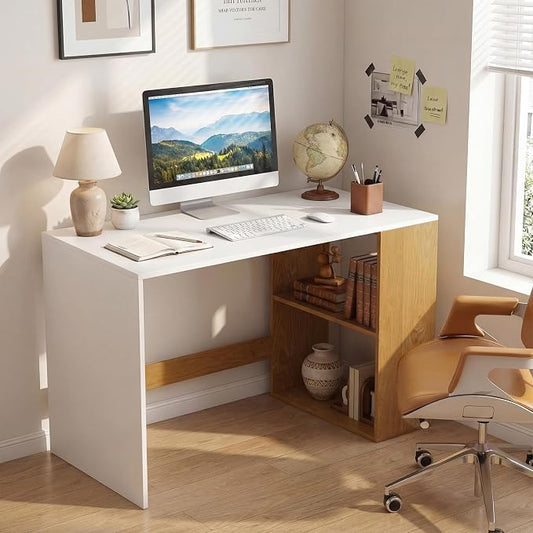 Tangkula Computer Desk, 44" Home Office Desk with 2-Tier Bookshelf, Study Writing Desk, Wooden Laptop Desk for Small Space, PC Workstation for Bedroom & Living Room (White & Natural)