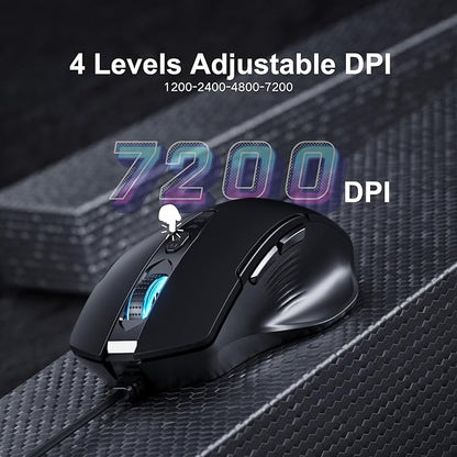 Uineer Wired Mouse, USB Mouse Wired with 6 Buttons Ergonomic Design,1.5M USB Cable Computer mice 7200DPI Optical Mice for PC Laptop, Matte Black