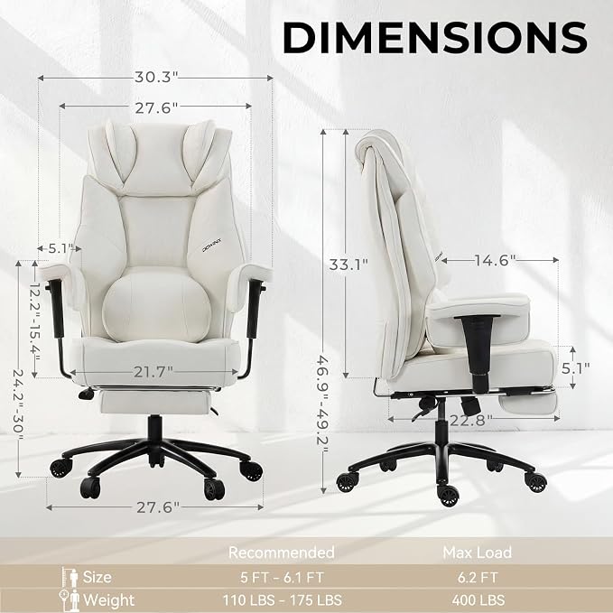 Dowinx Big and Tall Office Chair 400 Lbs with Rotating Massage Lumbar Support, Wide Thick Seat Cushion and Adjustable Armrest,Computer Gaming Chairs with Footrest, White