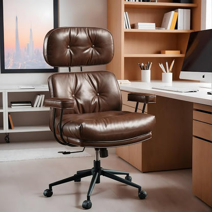 High Back Executive Office Chair with Comfortable Deep Seat,Brown PU Leather Modern Office Chair,Ergonomic Big and Tall Computer Desk Chair with Lumbar Support(Dark Brown)