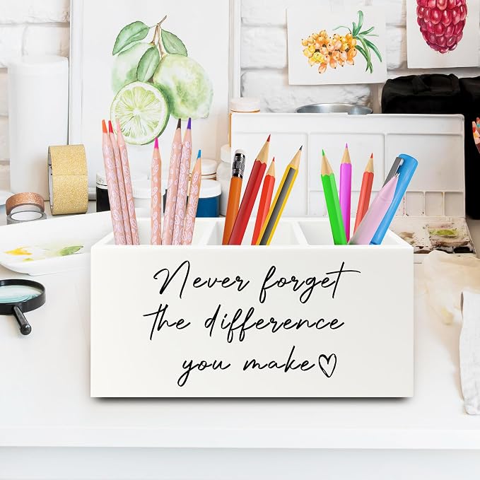 Difference Maker Gift Pen Pencil Holder Organizer for Desk, Thank You Gifts for Teachers Coworkers, Never Forget the Difference You Make Wooden Box Sign for Office Desk Tabletop Decorations