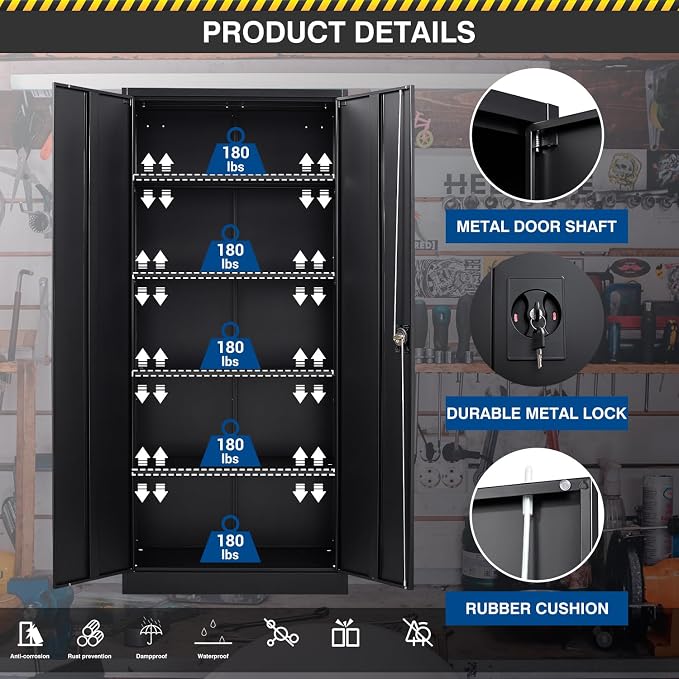 Fesbos Metal Storage Cabinet-72” Black Tall Steel File Cabinets with Lockable Doors and Adjustable Shelves-Black Steel Storage Cabinet for Kitchen, Office, Garage