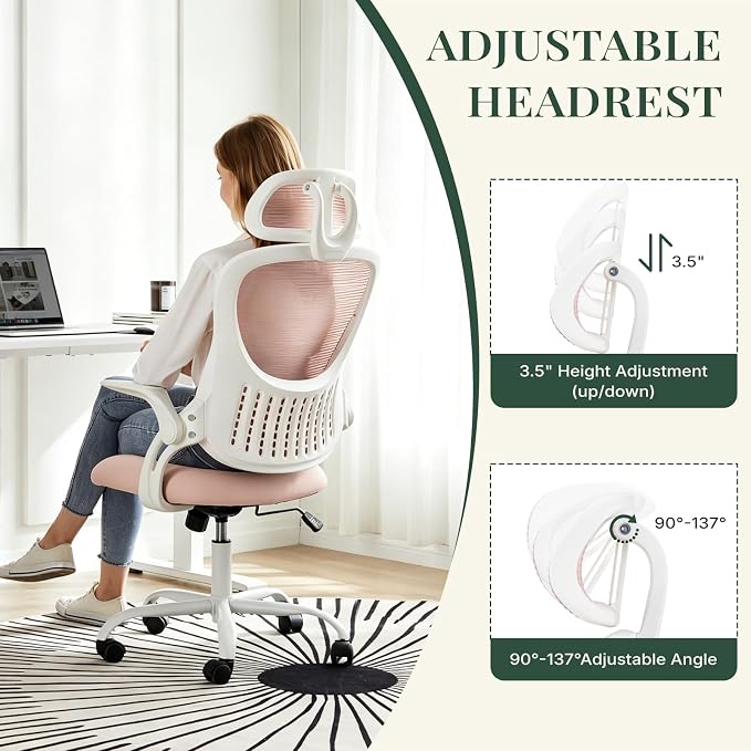 Ergonomic Office Chair, Comfy Desk Chair with Wheels, Adjustable Headrests, Flip-Up Armrests, Breathable Mesh High-Back, Comfortable Swivel Seating for Home Computer, Pink