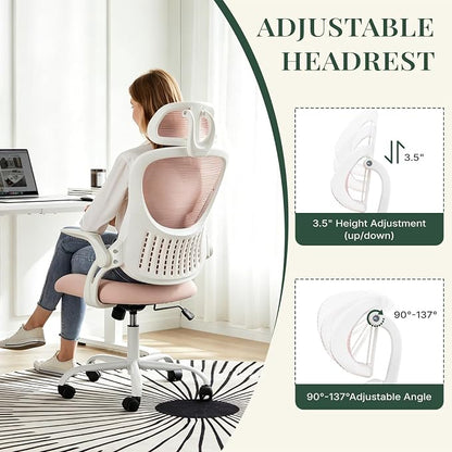 Ergonomic Office Chair, Comfy Desk Chair with Wheels, Adjustable Headrests, Flip-Up Armrests, Breathable Mesh High-Back, Comfortable Swivel Seating for Home Computer, Pink