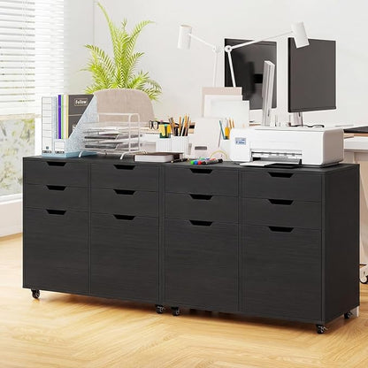 Black File Cabinet with 4 Drawers and 2 Doors, Under Desk Mobile Storage Organizer, Wooden Printer Stand on Wheels, 29" Lateral Filing Cabinet for Home Office Living Room (Black, 4 Drawer & 2 Door)