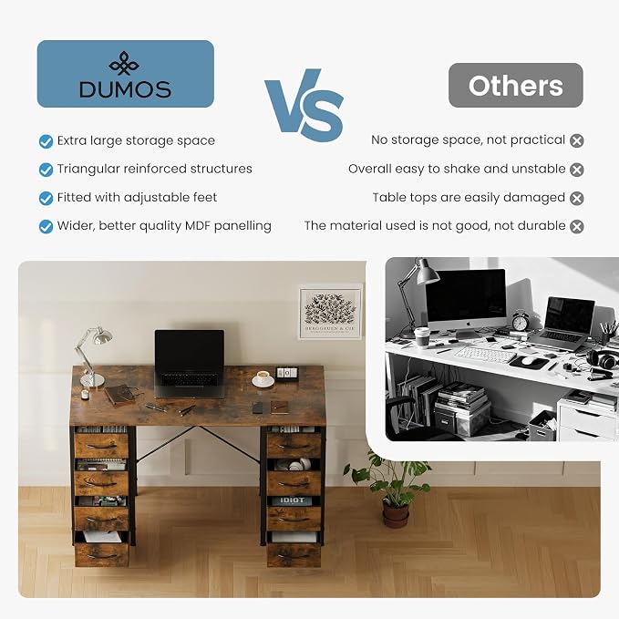 DUMOS 47 Inch Computer Desk with 8 Fabric Drawers, Office Gaming Desk with Storage, Writing Study Table with X-Shaped Reinforced Structure, Dark Brown