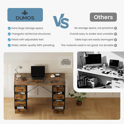DUMOS 47 Inch Computer Desk with 8 Fabric Drawers, Office Gaming Desk with Storage, Writing Study Table with X-Shaped Reinforced Structure, Dark Brown