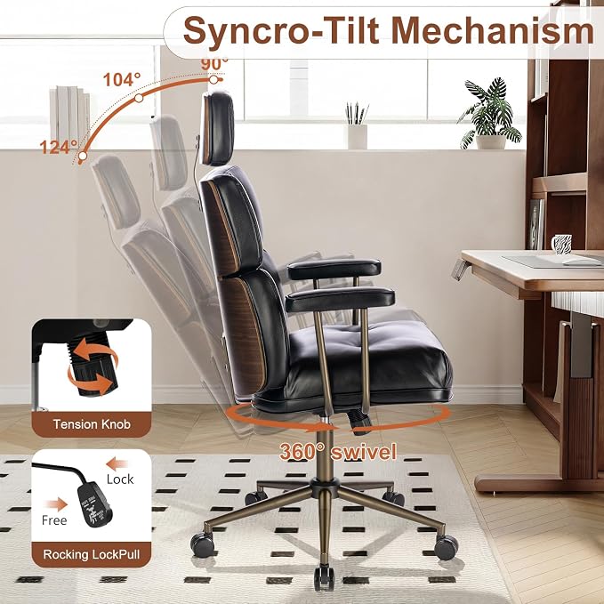 Mid-Century Modern Ergonomic Office Chair,High Back Faux Leather Executive Desk Chair with Walnut Bentwood & Headrest,Adjustable Swivel Computer Chair for Home Office,Black