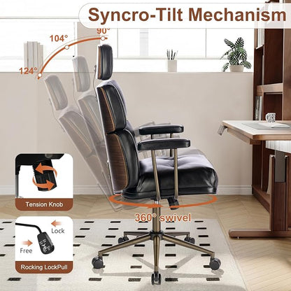 Mid-Century Modern Ergonomic Office Chair,High Back Faux Leather Executive Desk Chair with Walnut Bentwood & Headrest,Adjustable Swivel Computer Chair for Home Office,Black