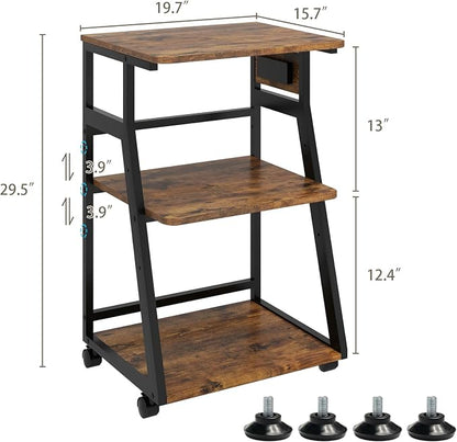 Natwind 19.7"x15.7" Printer Stand,3 Tier Printer Table with Charging Station, Rolling Cart with Adjustable Storage Shelf for Home Office Organization, Stand for Heat Press,3D Printer (Retro)