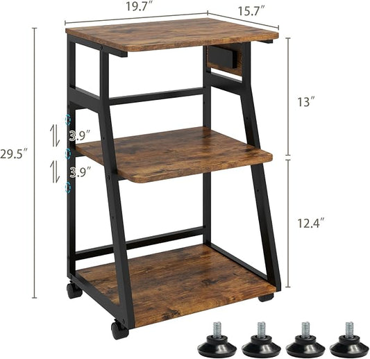 Natwind 19.7"x15.7" Printer Stand,3 Tier Printer Table with Charging Station, Rolling Cart with Adjustable Storage Shelf for Home Office Organization, Stand for Heat Press,3D Printer (Retro)